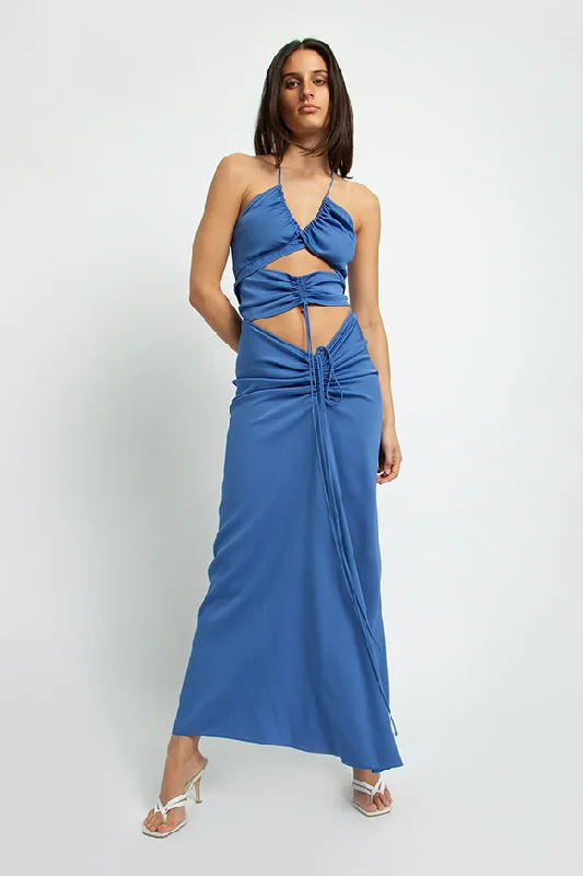 Multi Panel Lapis Ruched Halter Dress