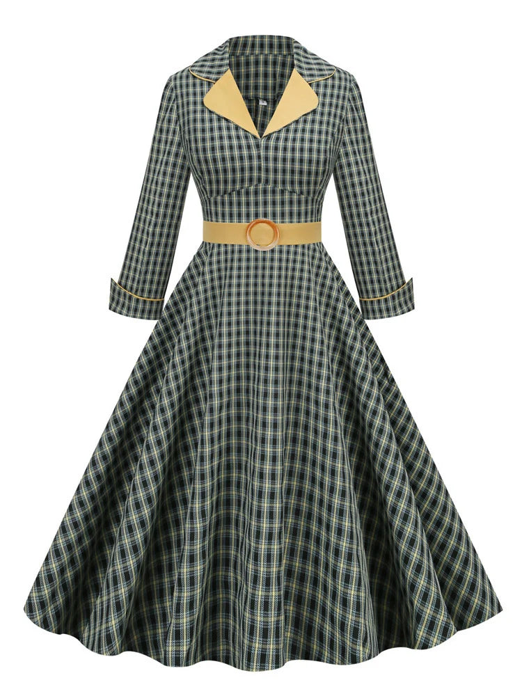 Notched Collar High Waist Belted Elegant Plaid Women Dress 3/4 Length Sleeve Autumn Vintage Pinup Clothes