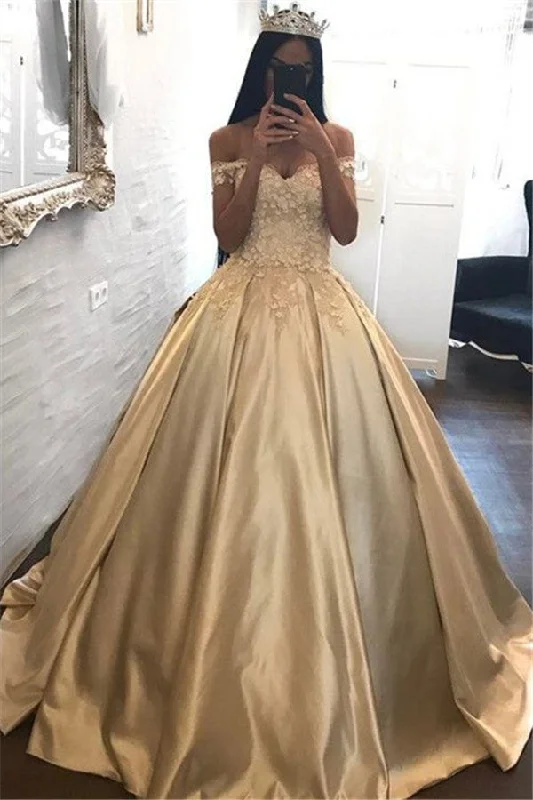 Off-the-Shoulder Champagne Gold Ball Gown Evening Dress Appliques Quinceanera Dresses