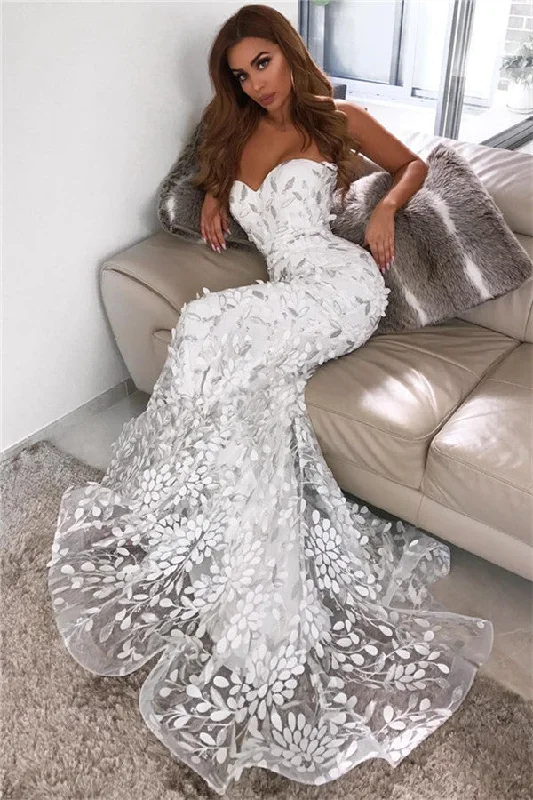 Open Back Leaf Appliques Chic Prom Dresses Mermaid Sweetheart Evening Dress