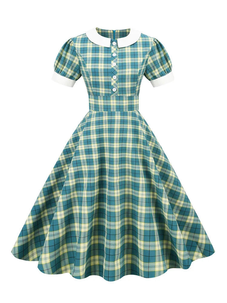 Penter-Pan Collar Button Front Green Plaid Rockabilly Vintage Dresses for Women High Waist Elegant A-Line Dress