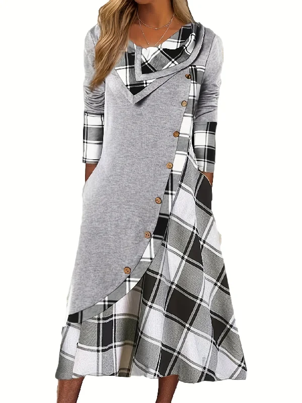 Plaid Print Splicing Dress, Casual Pile Collar Long Sleeve Dress