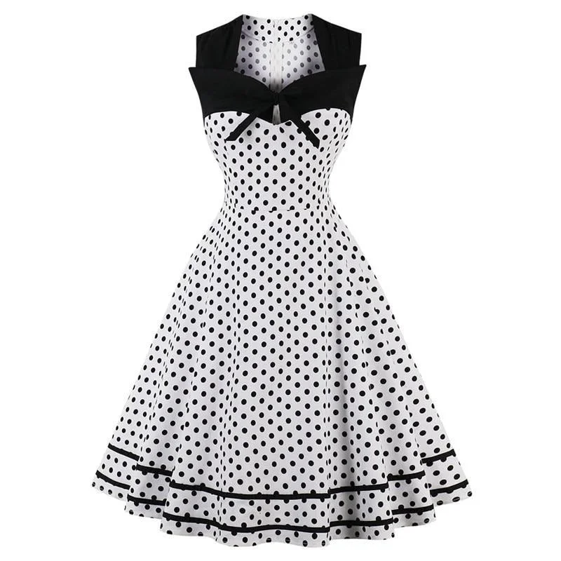 Polka Dot 1950S Sweetheart Tie Neck Summer Elegant Vintage Sleeveless Rockabilly Blue Dress