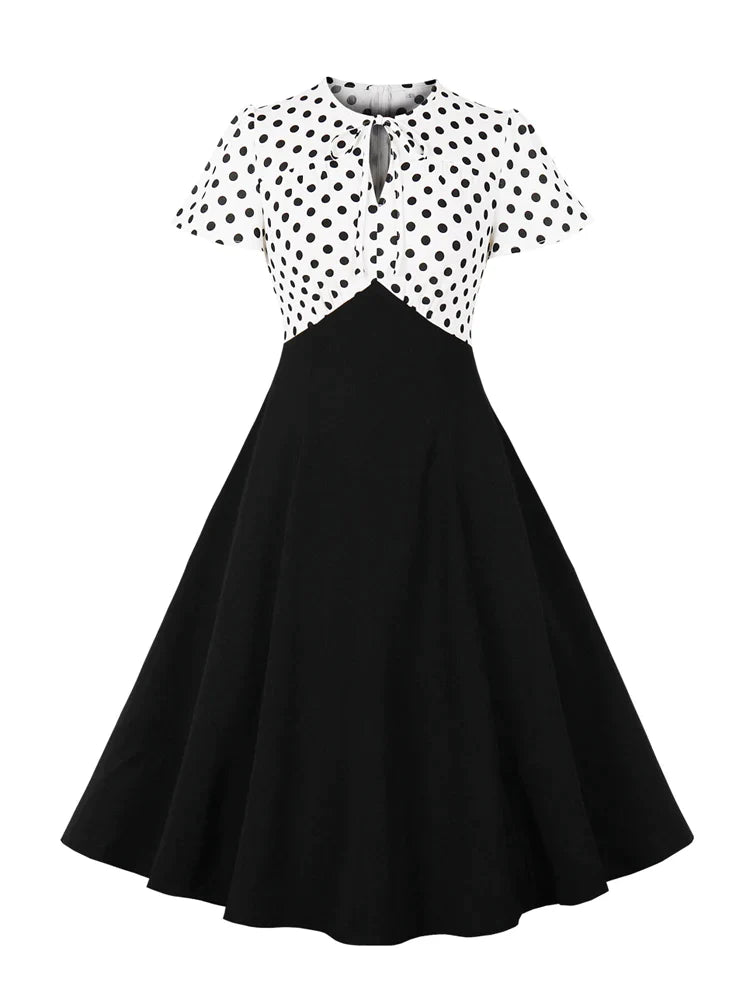 Polka Dot White and Black Vintage Women Swing Summer Dress Tie Neck Keyhole Front High Waist 50s Ladies Dresses