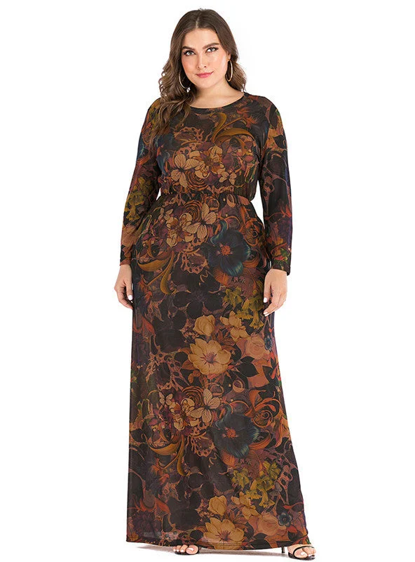 Printed Round Neck Long Sleeve Pocket Dress