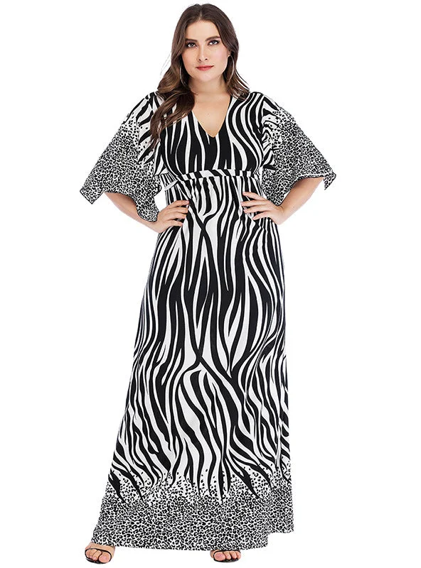 Printed V-neck Bat Sleeve Plus Dress