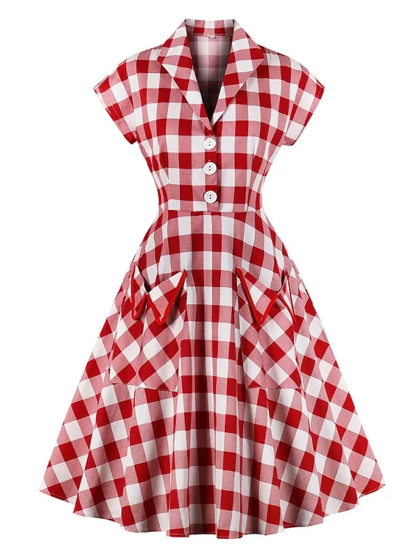 Red 1950s Pockets Plaid Dress