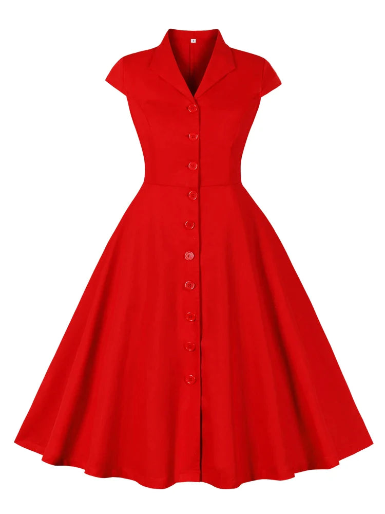 Red Solid Cotton Dresses for Women Turn-Down Collar Single Breasted Cap Sleeve Summer Plain Vintage Clothes