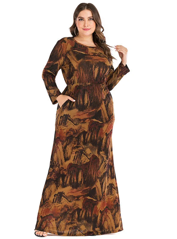 Retro Round Neck Printed Long Sleeve Pocket Dress