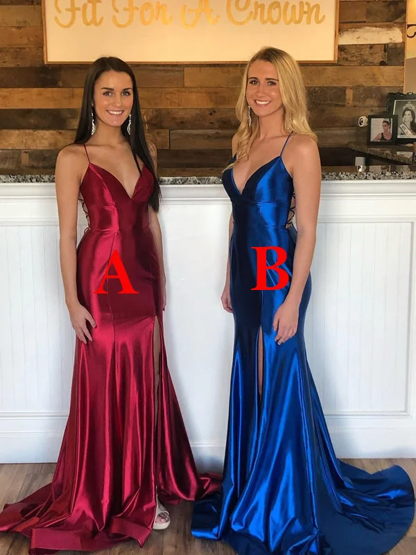 Royal Blue Satin V-Neck Spaghetti Straps Mermaid Prom Dress with Slit JKS8427