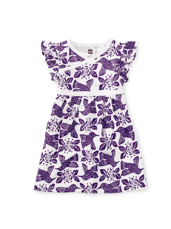 Wrap Neck Baby Dress - Woodblock Hummingbird