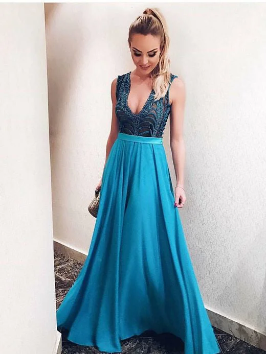 Sexy Prom Dresses V-neck Aline Floor-length Rhinestone Beautiful Prom Dress JKL749