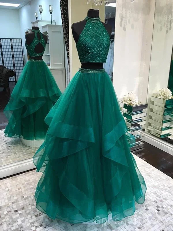 Sexy Two Pieces Emerald Green Open Back Evening Prom Dresses, Cheap Custom Sweet 16 Dresses, 18488