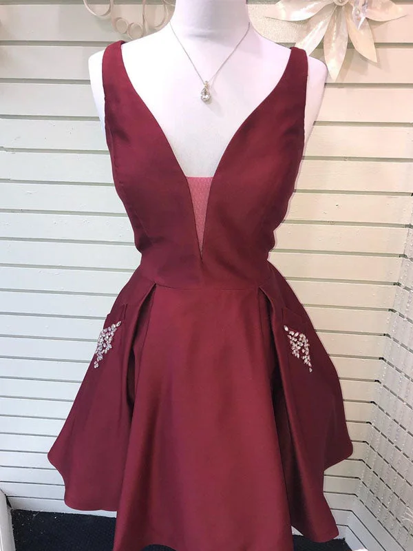 Sexy V-Neck Burgundy Satin Cute Homecoming Dress with Pockets AN8801