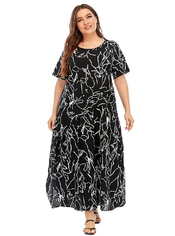 Short-sleeved Graffiti Print Slim Big Swing Dress