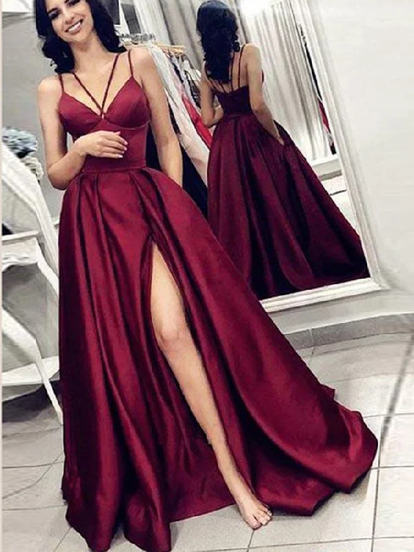 Simple Prom Dresses with Pockets Spaghetti Straps Sexy Burgundy Cheap Slit Prom Dress JKL1497