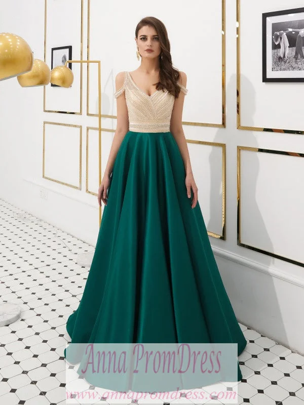 Sparkly Prom Dresses Aline Beading V-neck Open Back Satin Dark Green Prom Dress JKL1606