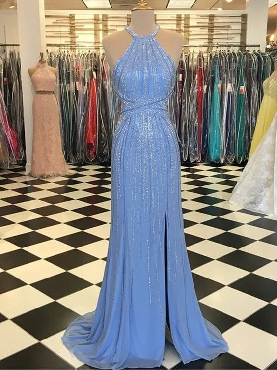 Sparkly Prom Dresses Column Beading Halter Luxury Open Back Prom Dress JKL1541