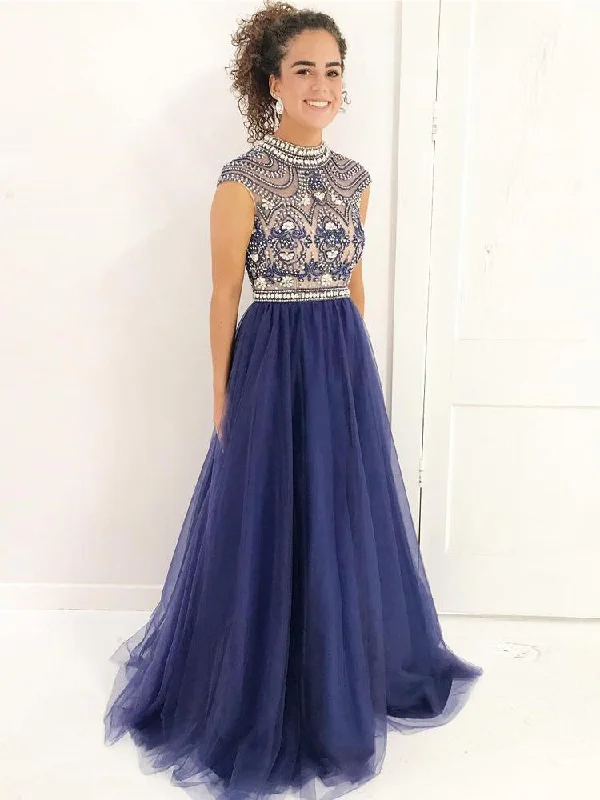 Sparkly Prom Dresses High Neck Floor-length Rhinestone Sexy Prom Dress JKL847