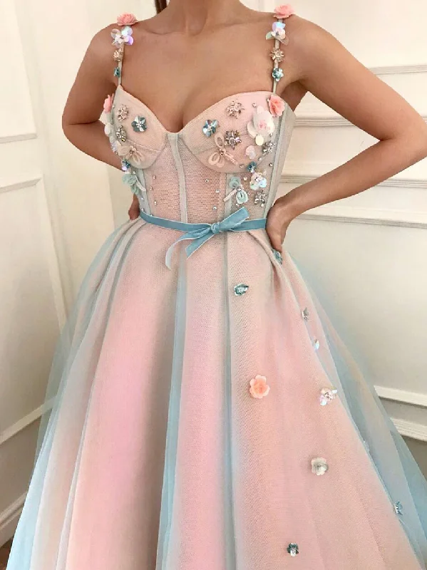 Sparkly Prom Dresses with Straps Hand-Made Flower Pink Prom Dress Fashion Evening Dress JKL1528