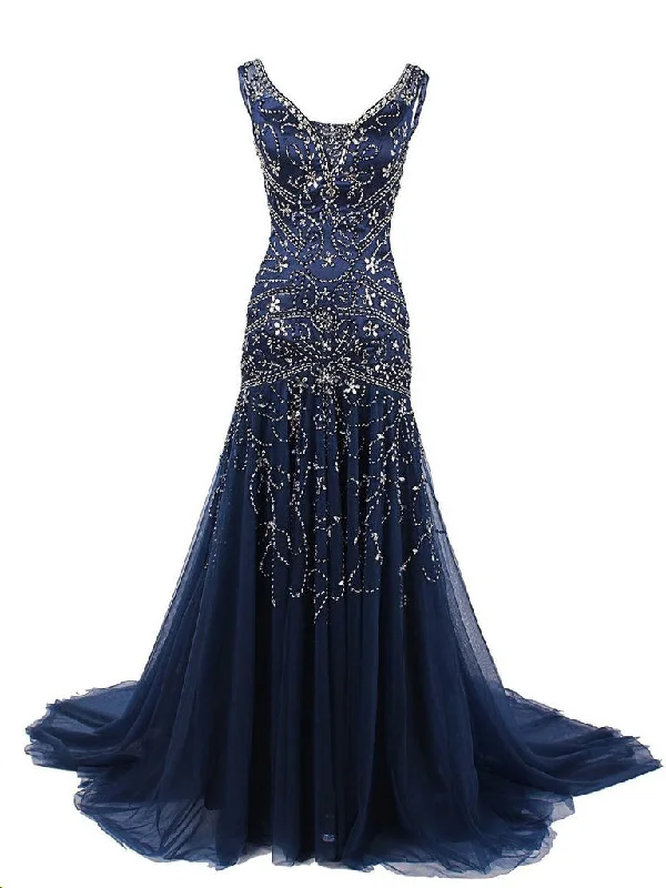 Sparkly Prom Dresses with Straps Mermaid Sweep Train Beading Chic Prom Dress JKL1363