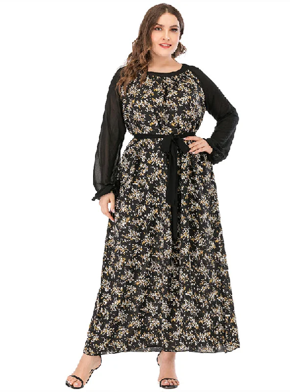 Spliced Round Neck Long Sleeve Print Large Size Dress