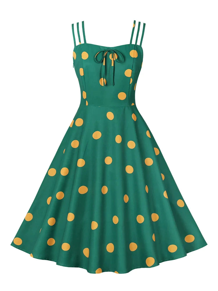 Summer Vintage Beach Dress Vacation Outfits for Women Spaghetti Strap Bow Front Polka Dot Fit and Flare Dresses