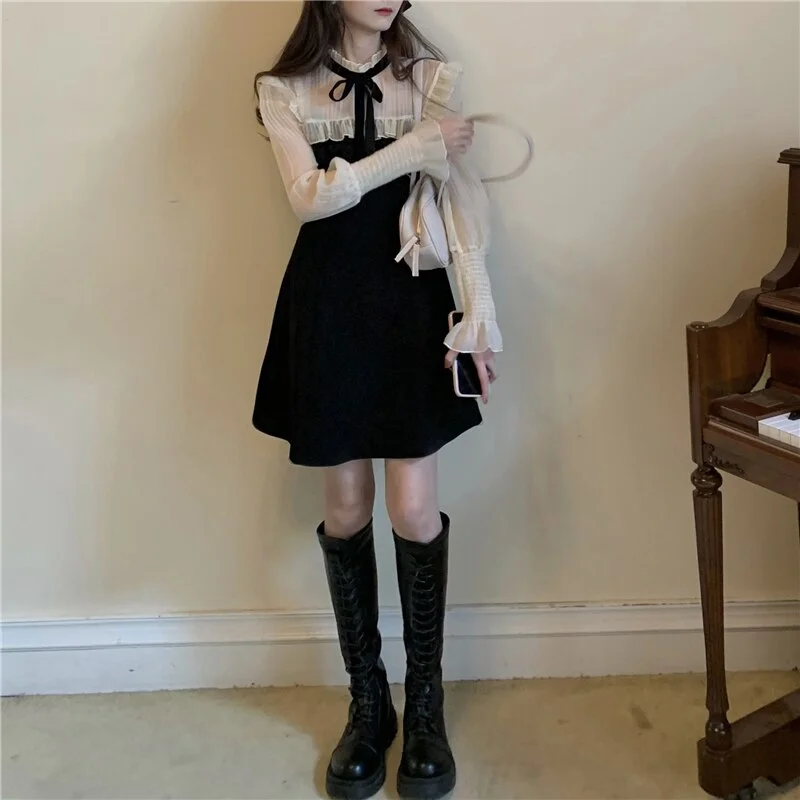 Sweet Casual Ins Dress Female Korean Kawaii Cute Women's Dresses Japanese Harajuku Vintage Ladies Ulzzang Clothing For Women