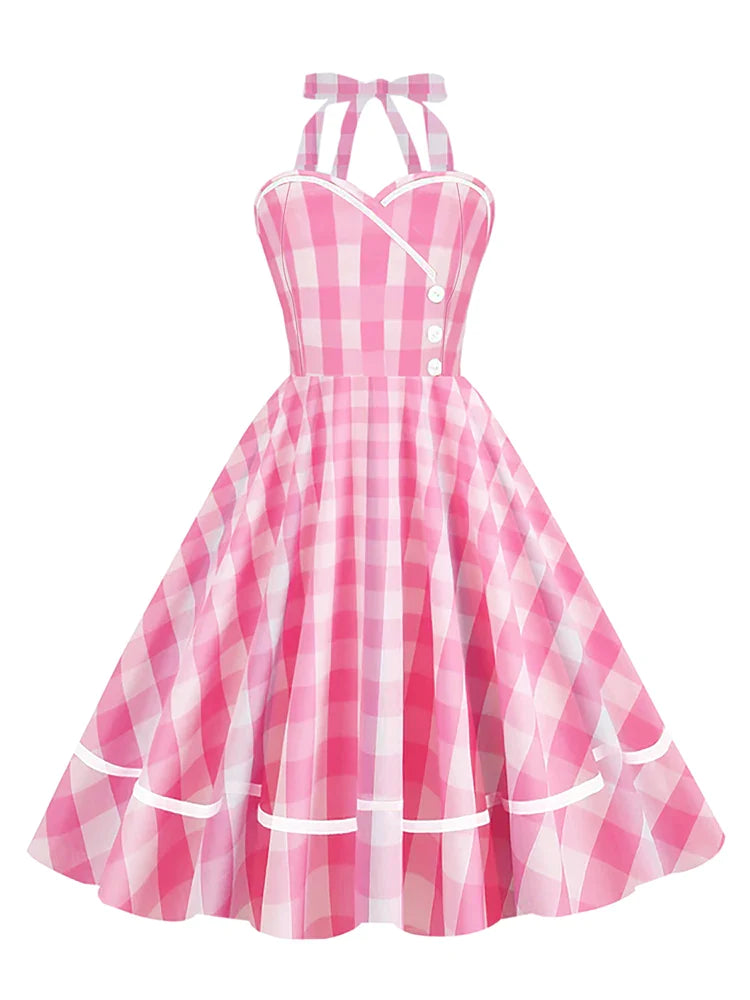 Sweetheart Halter Neck High Waist Backless Dresses Vacation Women Fit and Flare Rockabilly Vintage Plaid Pink Dress