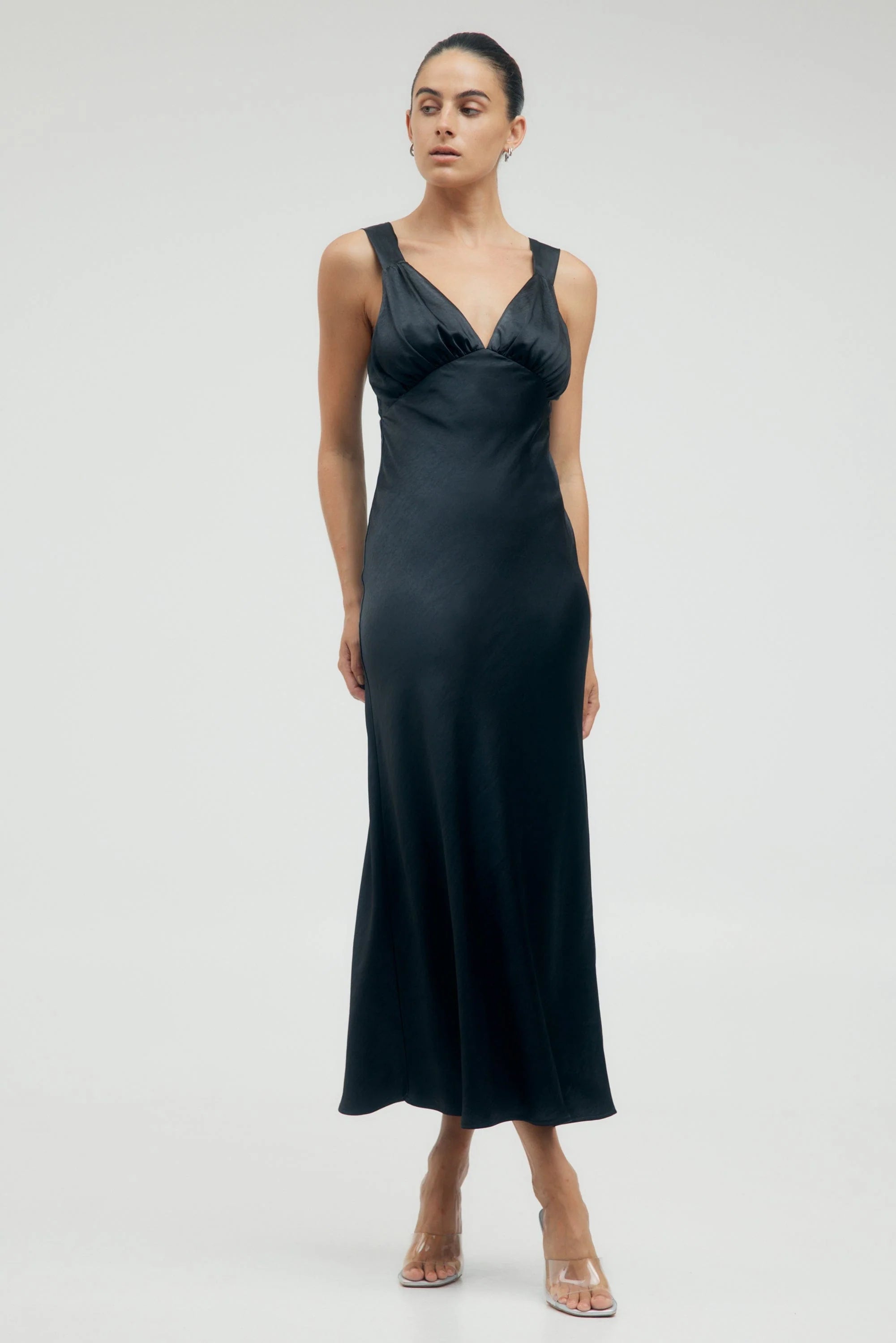 Third Form Satin Gather Bra Bias Slip Dress - Black Party unclassified dresses