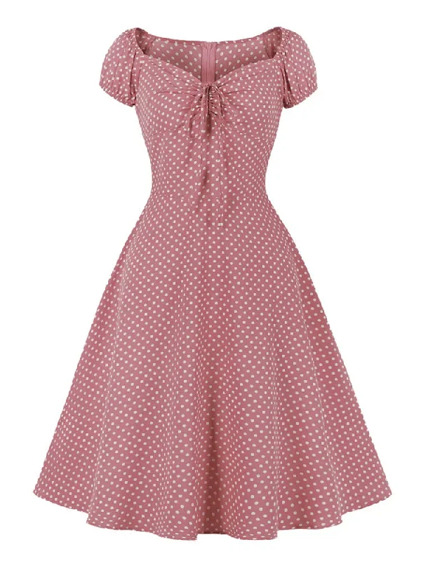 Tie Sweetheart Neck Polka Dot Vintage Women Summer Dress High Waist Retro Ladies Casual 1950s Style Dresses