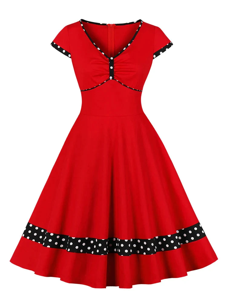 Tonval V-Neck High Waist Red Patchwork Polka Dot Rockabilly Dress for Women Cap Sleeve Knee-Length Cotton Dresses Vintage