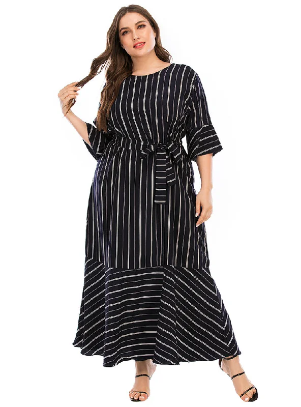 Trumpet Collar Sleeve Striped Printed Stitching Dress