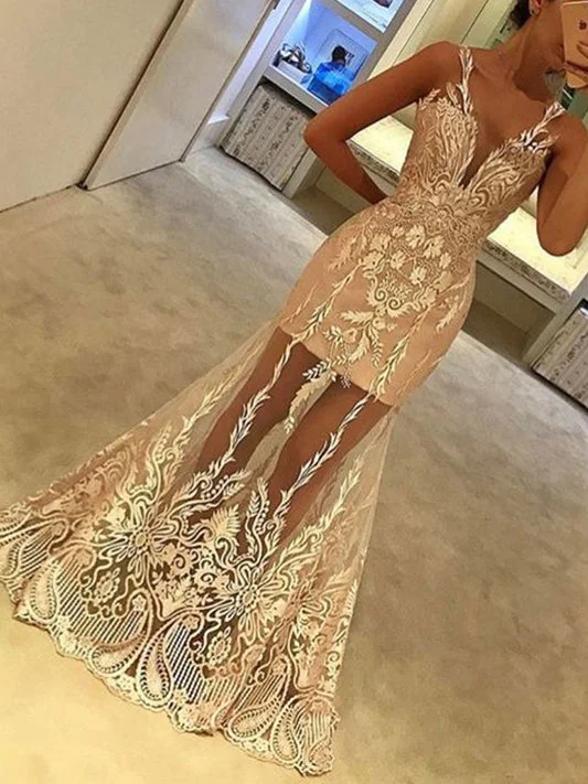 Trumpet Prom Dresses with Straps V-neck Floor-length Appliques Sexy Prom Dress JKL1478