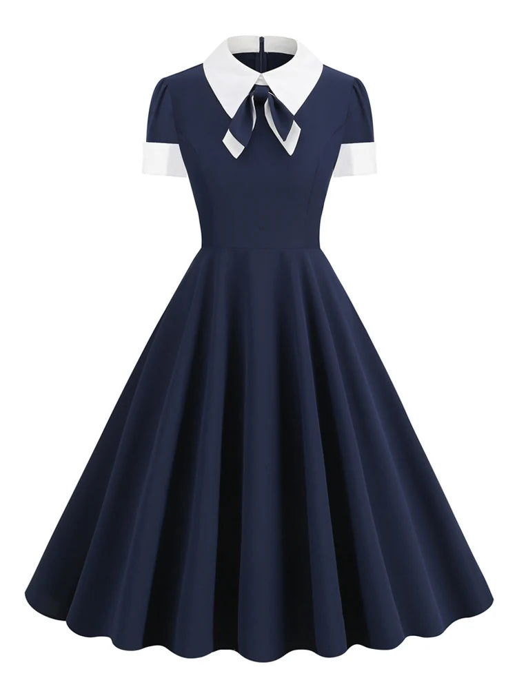 Turn Down Collar Bow Front Navy Blue Summer Dresses for Women Formal Occasion Vintage Style Elegant Dress