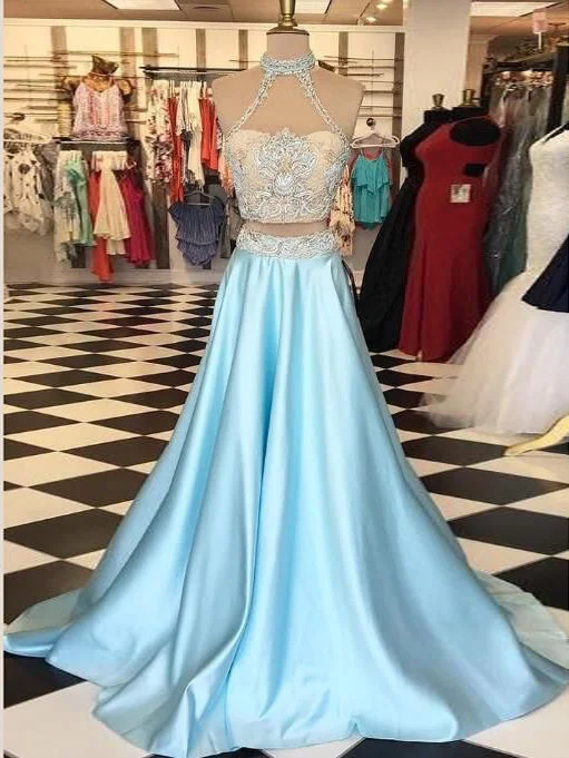 Two Piece Prom Dresses A line High Neck Beautiful Prom Dress Sexy Evening Dress JKL1054