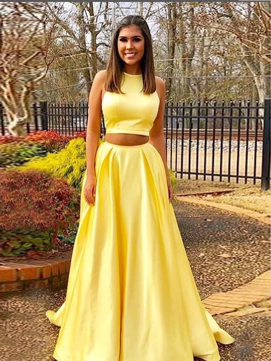 Two Piece Prom Dresses A line Simple Cheap Prom Dress Yellow Evening Dress JKL1065