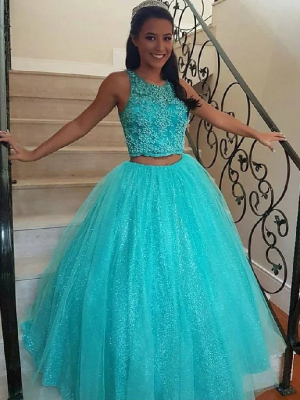 Two Piece Prom Dresses Ball Gown Sparkly Prom Dress Sexy Evening Dress JKL1005