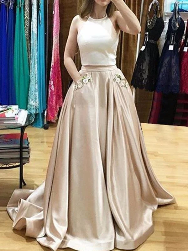 Two Piece Prom Dresses Halter Sweep Train Prom Dress with Appliques Pockets JW104