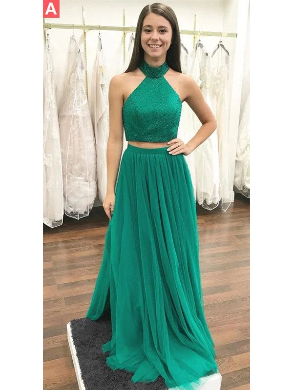 Two Piece Prom Dresses High Neck A-line Floor-length Beautiful Prom Dress JKL795