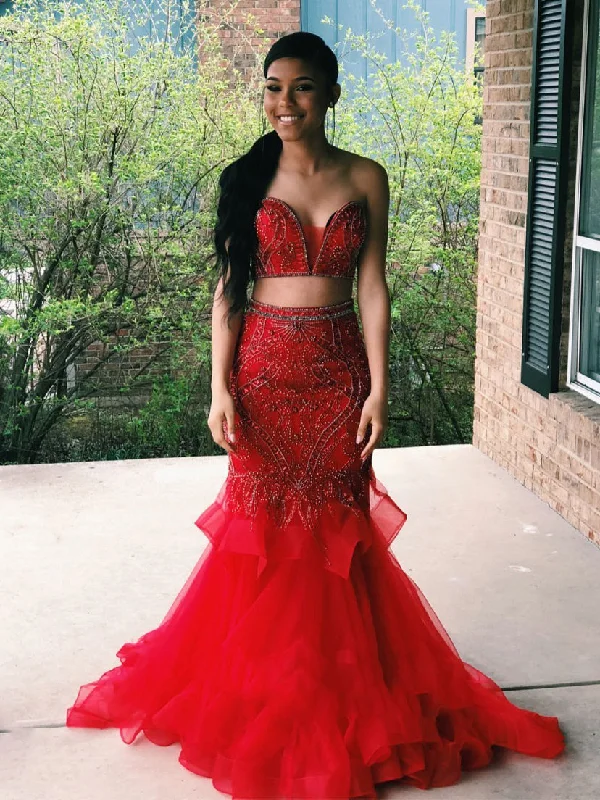 Two Piece Prom Dresses Mermaid Brush Train Beading Prom Dress Red Evening Dress JKL1338