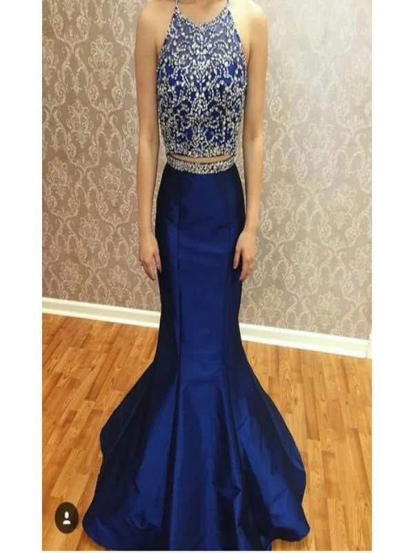 Two Piece Prom Dresses,New Style Beading Royal Blue Prom Gown JW116