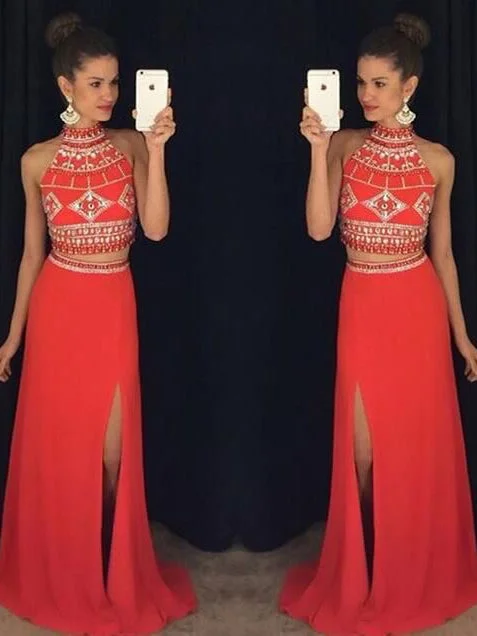 Two Piece Prom Dresses Sheath Column Halter Slit Prom Dress Sexy Evening Dress JKL1069