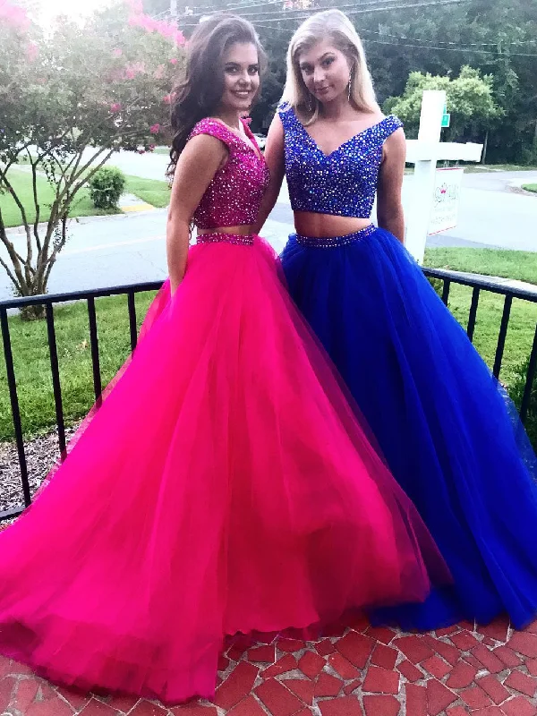 Two Piece Prom Dresses V-neck Rhinestone Sweep Train Sparkly Royal Blue Prom Dress JKL1123