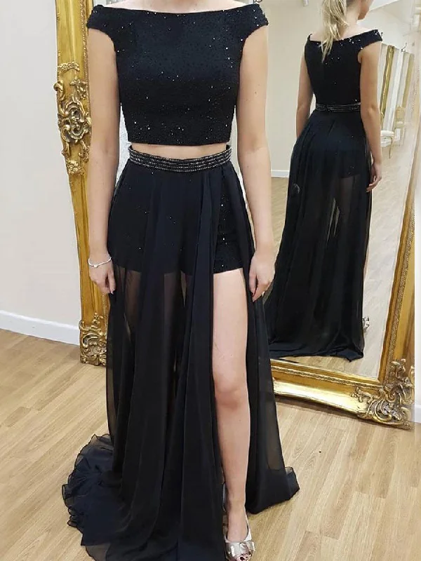 Two Piece Prom Dresses with Slit Bateau Sparkly Beading A Line Sexy Black Prom Dress JKL1516