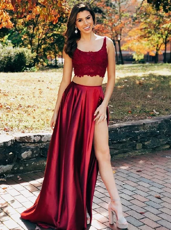 Two Pieces Scoop Sleeveless Burgundy Split Criss Cross Back Prom Dresses, JKZ7113