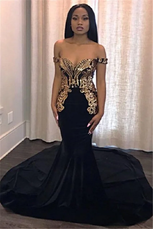 Unique Off-the-Shoulder Appliques Mermaid Sweep Train Prom Dresses