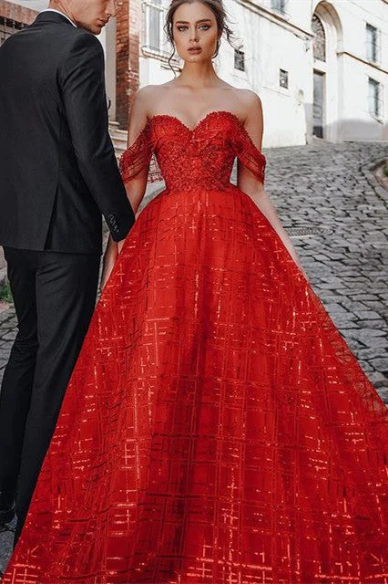 Unique Red Off-the-shoulder Sparkle Puffy Evening Dress