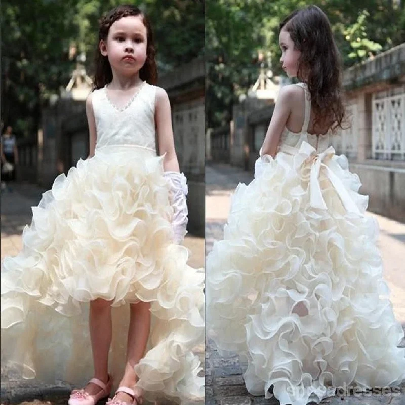 V-neck Hi-low Ivory Flower Girl Dresses, Cute Cheap Tutu Dresses, FG014