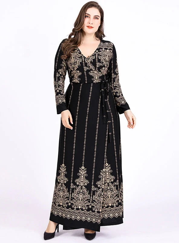 V-neck Long Sleeve Vintage Printed Dress